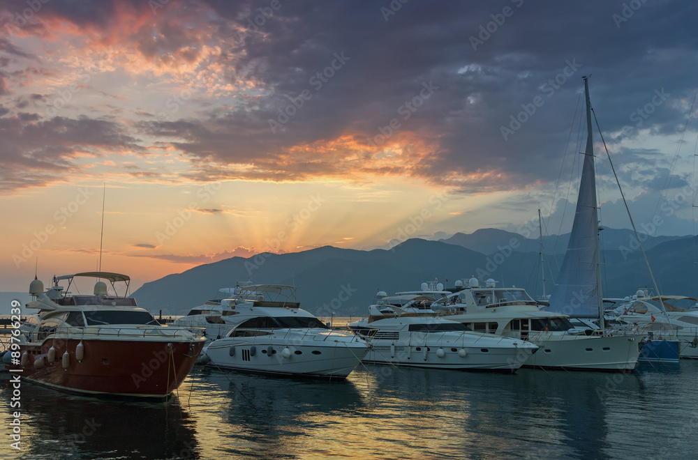  Port in Tivat city, Montenegro. Sunset afterglow.