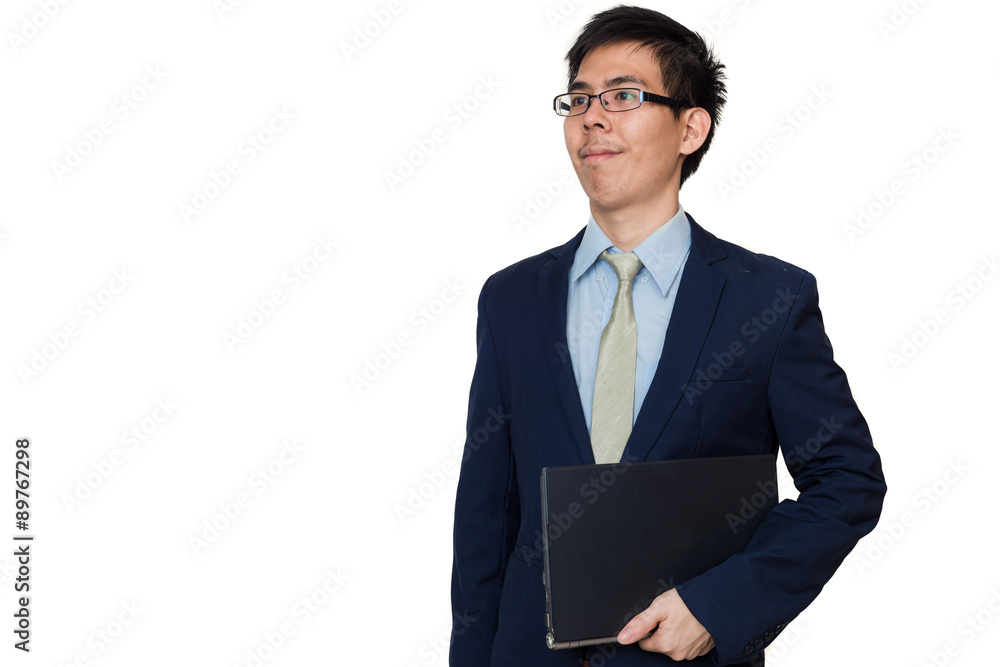 Business man holding digital laptop computer Business man holding digital laptop computer