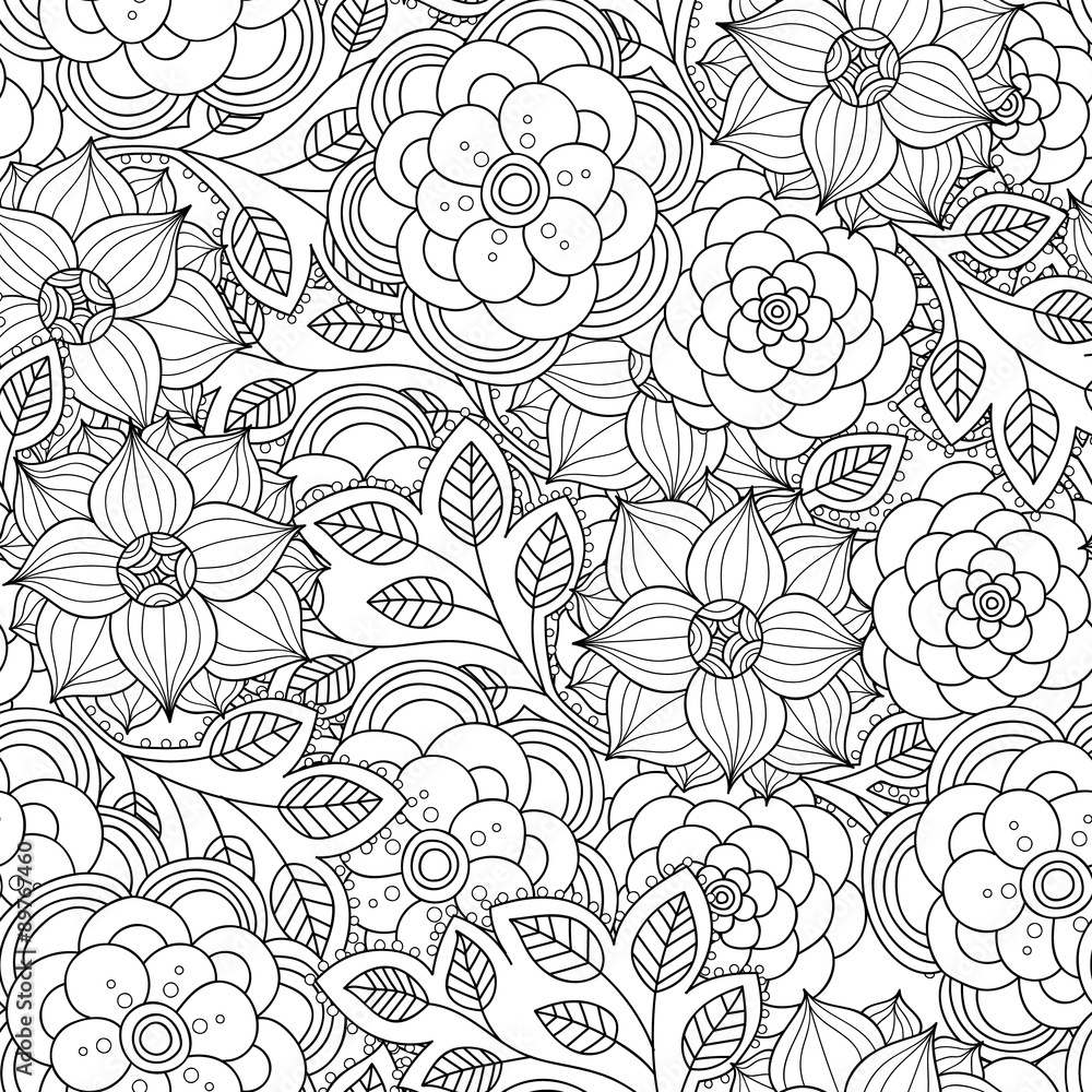 Fototapeta premium Floral seamless pattern. Zentangle doodle background. Black and white hand-drawn pattern.