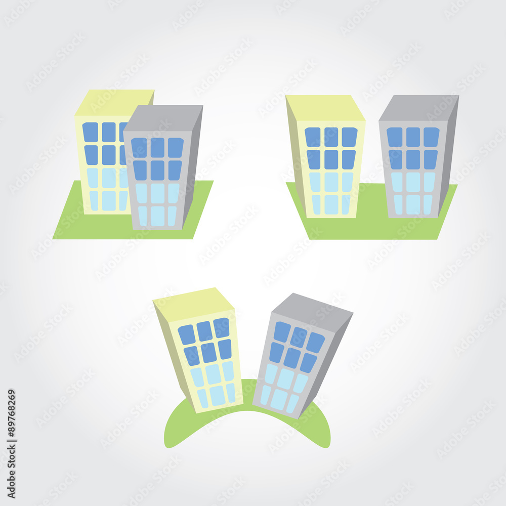 Vector of three models of two buildings that can be used as property icon or logo