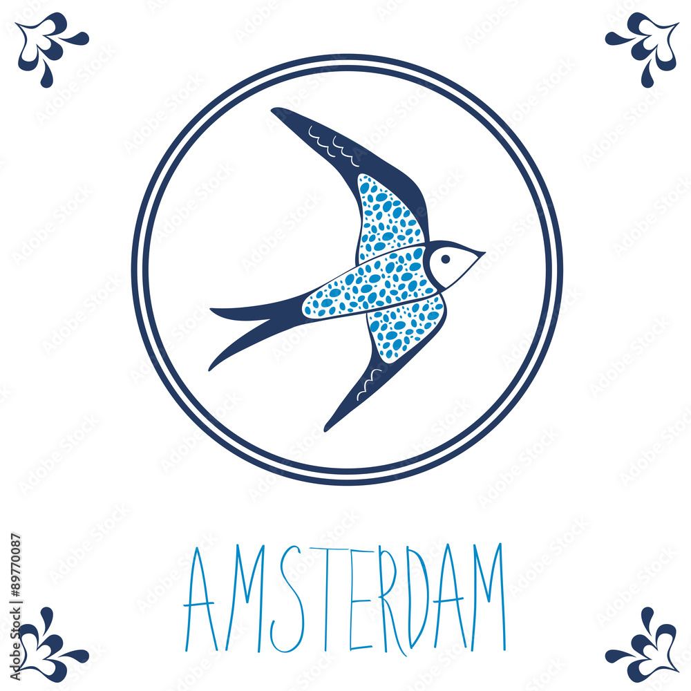 Fototapeta premium Dutch blue tile with swallow