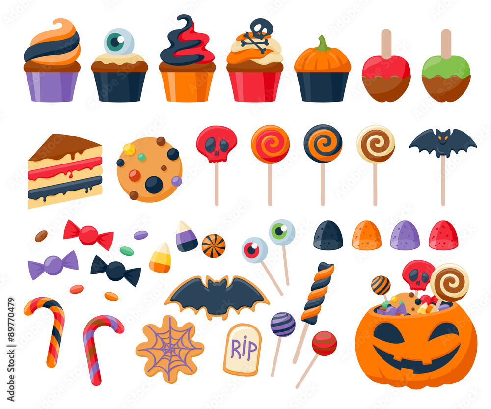 Fototapeta premium Halloween party colorful sweets icons set vector illustration.