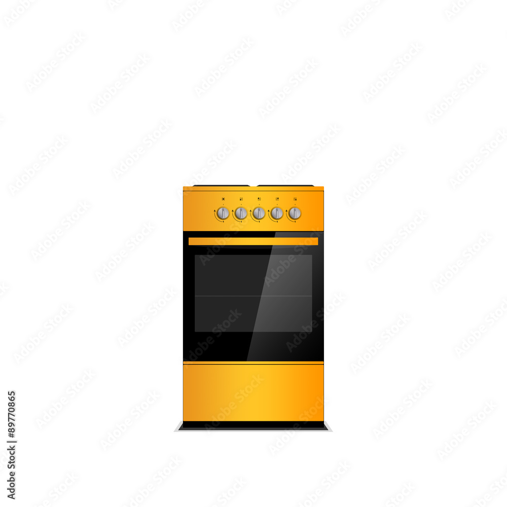 Orange steel gas cooker with oven isolated on white. Stove. Glass cover. Black switch handles. Orange steel gas cooker with oven isolated on white. Stove. Glass cover. Black switch handles.