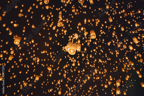 Floating asian lanterns in Yee-Peng festival ,Chiang Mai Thailan