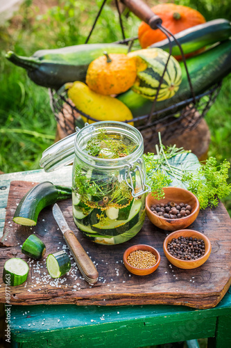 Bild auf Leinwand Natural pickled courgette in the jar