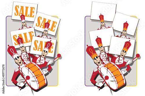 Vector illustration. Funny military orchestra with posters