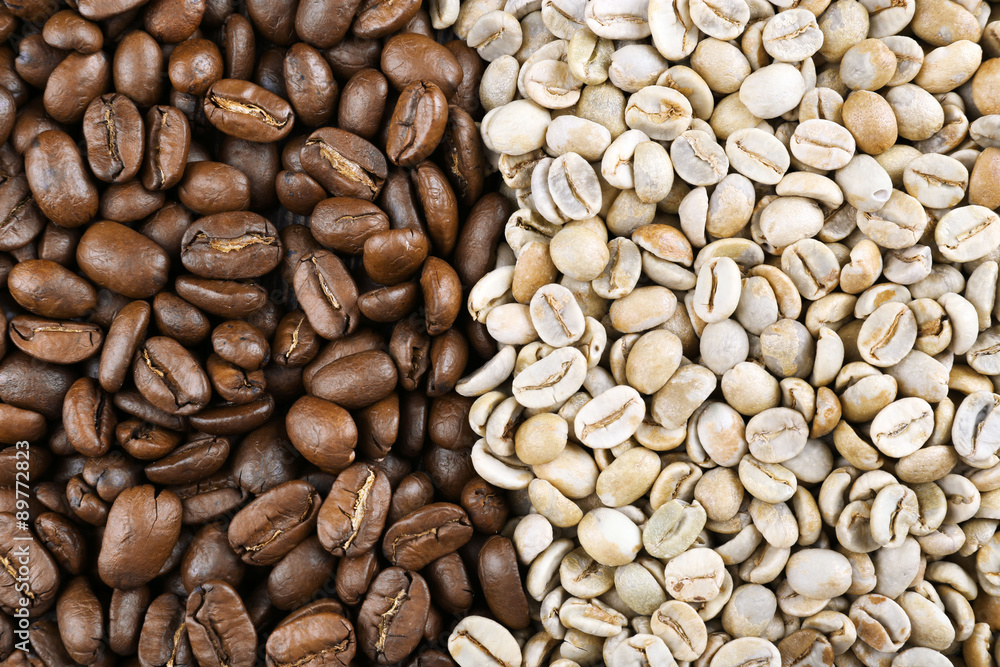 Green and brown coffee beans close up