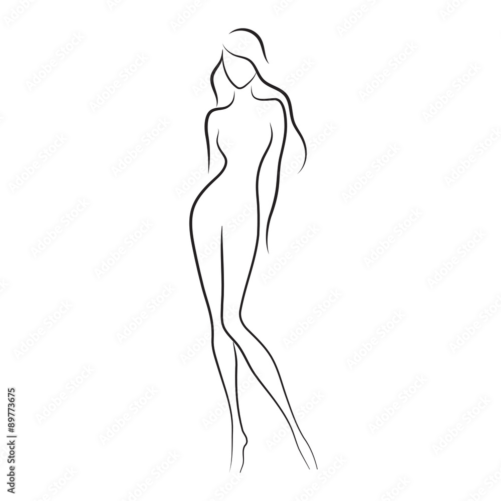 Naklejka premium Sylwetka pięknej nagiej kobiety, ilustracja wektorowa. Dziewczyna z długimi włosami w tle. Logo marki Beauty.