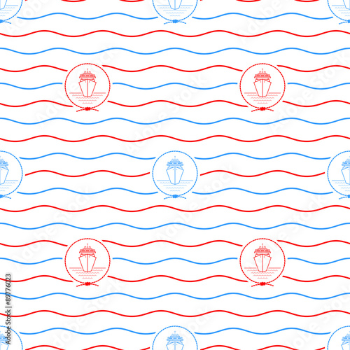 Seamless Pattern with Cruise Ship Emblem, Blue and Red Liner on a Background of Red and Blue Waves, Seamless Pattern with Marine Element for Web Design or Wallpaper or Fabric, Vector Illustration