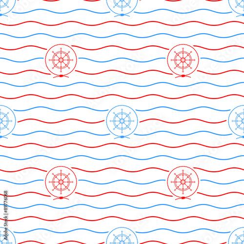 Seamless Pattern withShip's Wheel  Emblem, Blue and Red Ship's Wheel  on a Background of Red and Blue Waves,Seamless Pattern with Marine Element for Web Design or Wallpaper or Fabric