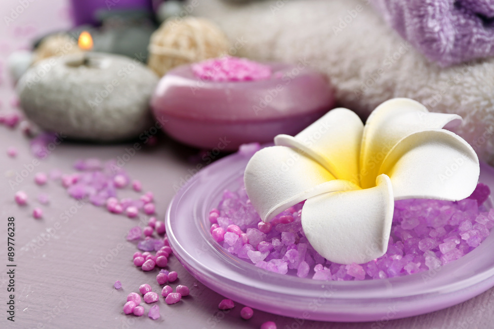 Spa treatments on colorful background. Lavender spa concept Spa treatments on colorful background. Lavender spa concept
