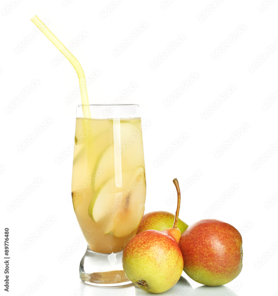 Fresh pear juice with fruit isolated on white Fresh pear juice with fruit isolated on white