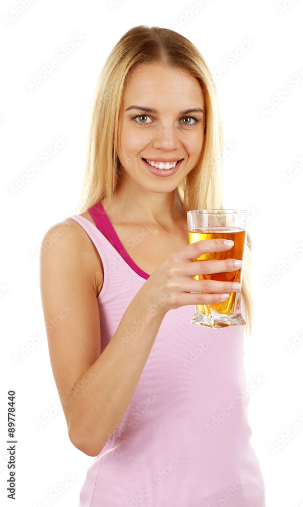 Young beautiful woman with glass of fresh apple juice, isolated on white Young beautiful woman with glass of fresh apple juice, isolated on white