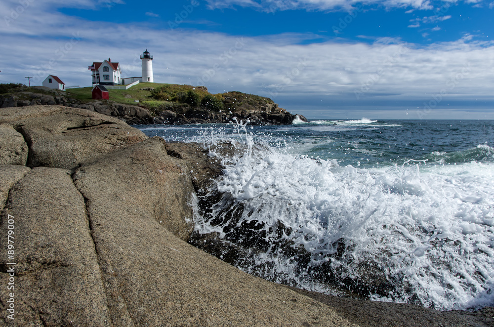 Wave Crashes at Maine Lighthouse