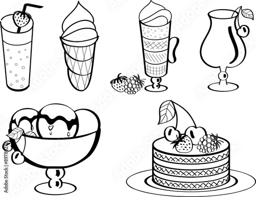 Desserts: ice cream, cake, cocktail, cappuccino, drinks