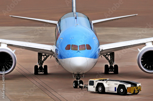Boeing 787 Dreamliner is getting ready to take off at Manchester airport. 
