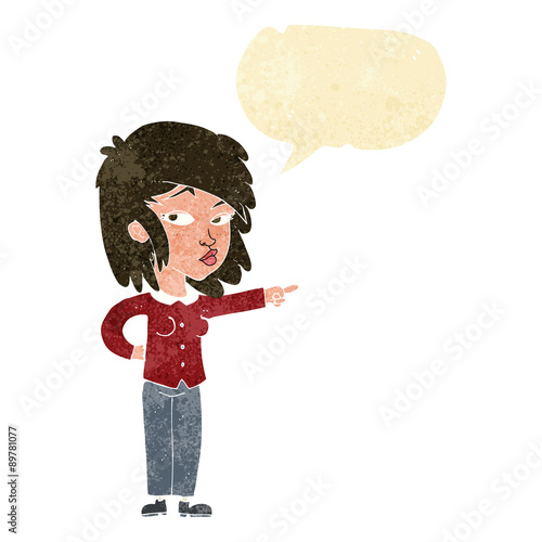 cartoon woman pointing with speech bubble
