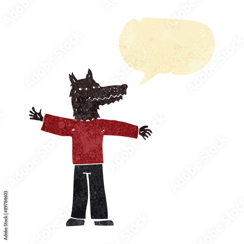 cartoon happy wolf man with speech bubble