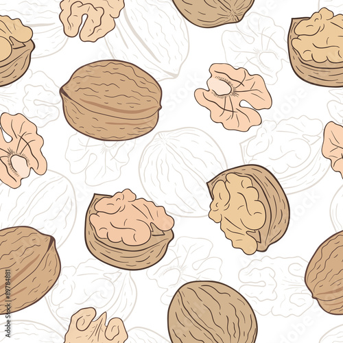 Shelled and whole walnuts. Vector seamless pattern, eps10.