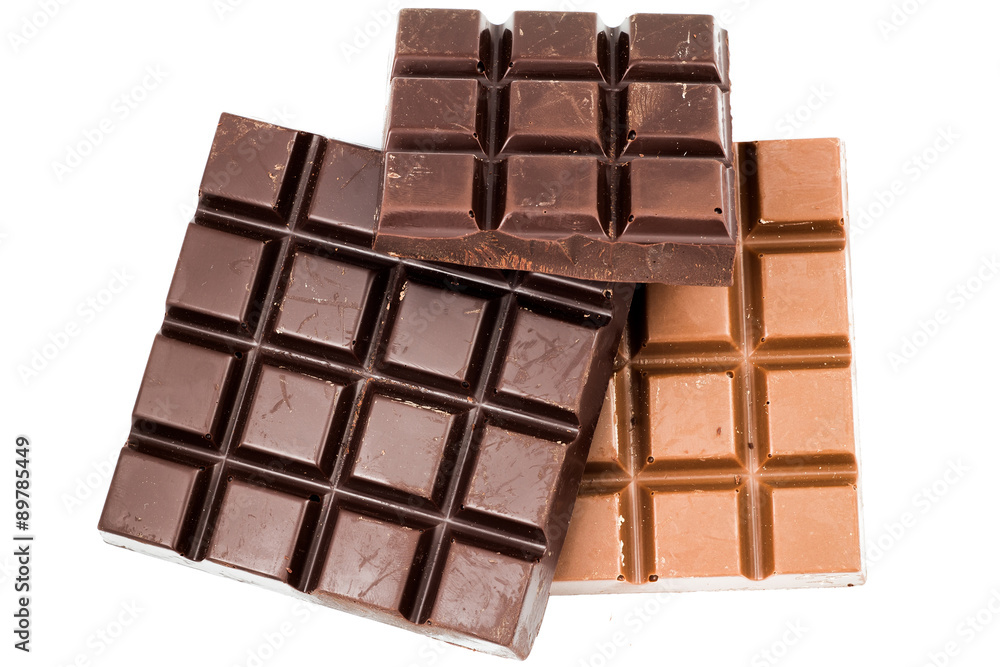 Black and milky chocolate bars isolated on white, top view Black and milky chocolate bars isolated on white, top view