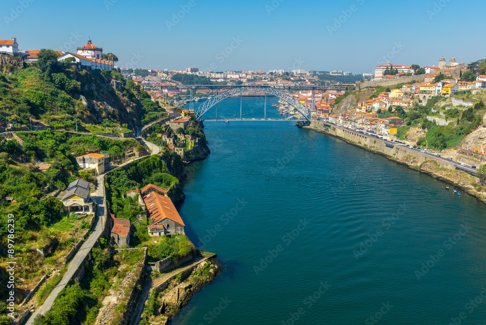 Porto historic city centre with Ponte Luis I Bridge over Douro river (Portugal)