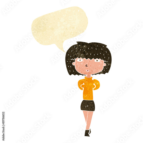 cartoon shy woman with speech bubble