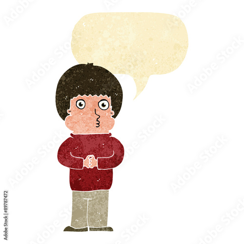 cartoon shy boy with speech bubble
