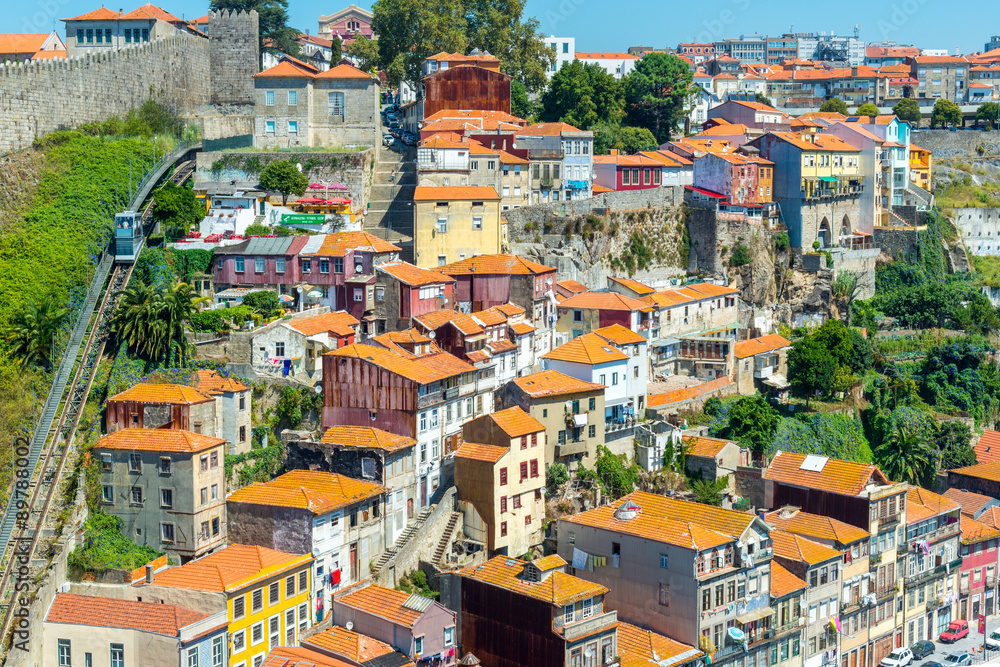 Porto historic city centre and Funicular dos Guindais from Ponte Luis I Bridge (Portugal)