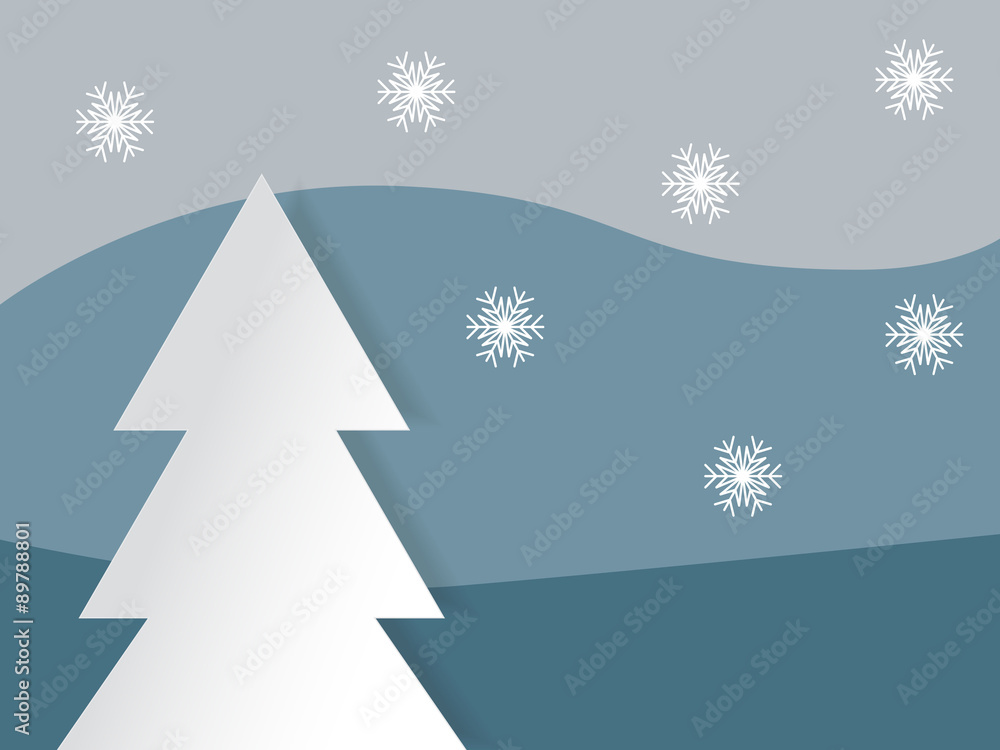 Paper christmas tree background with retro landscape
