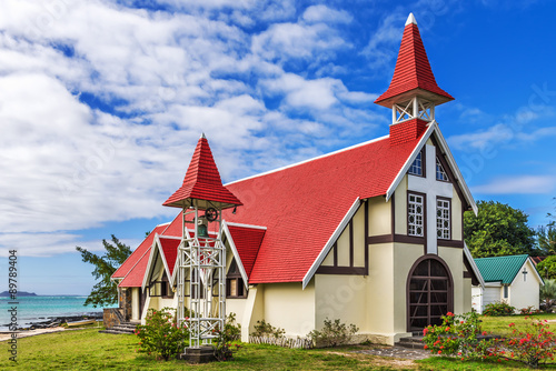 Notre Dame Auxiliatrice Church with distinctive red roof at Cap Malheureux, Mauritius