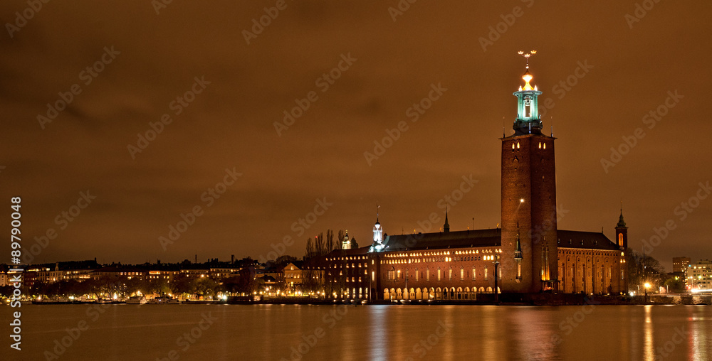 Scenic night view of the City Hall in the Old Town in Stockholm, Sweden