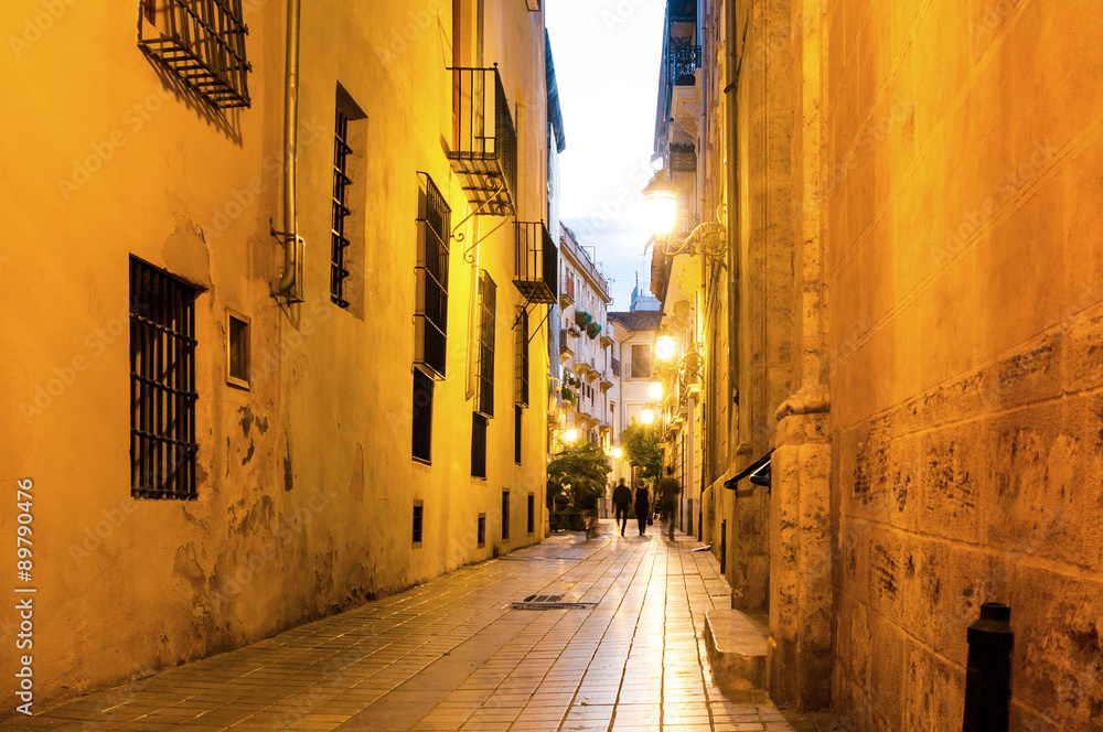 Narrow street in the old town in Valencia, Spain