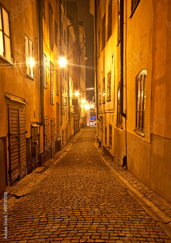 Narrow street at night in Stockholm