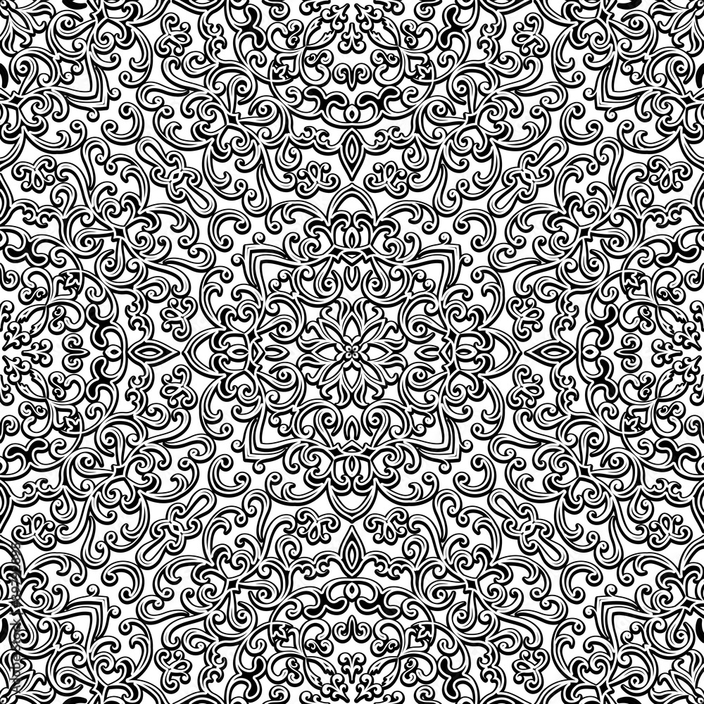 Fototapeta premium Black and white curly ornament, seamless pattern