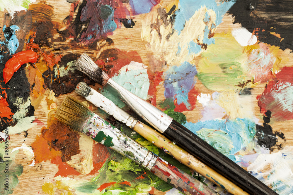 Oil paints and paint brushes
