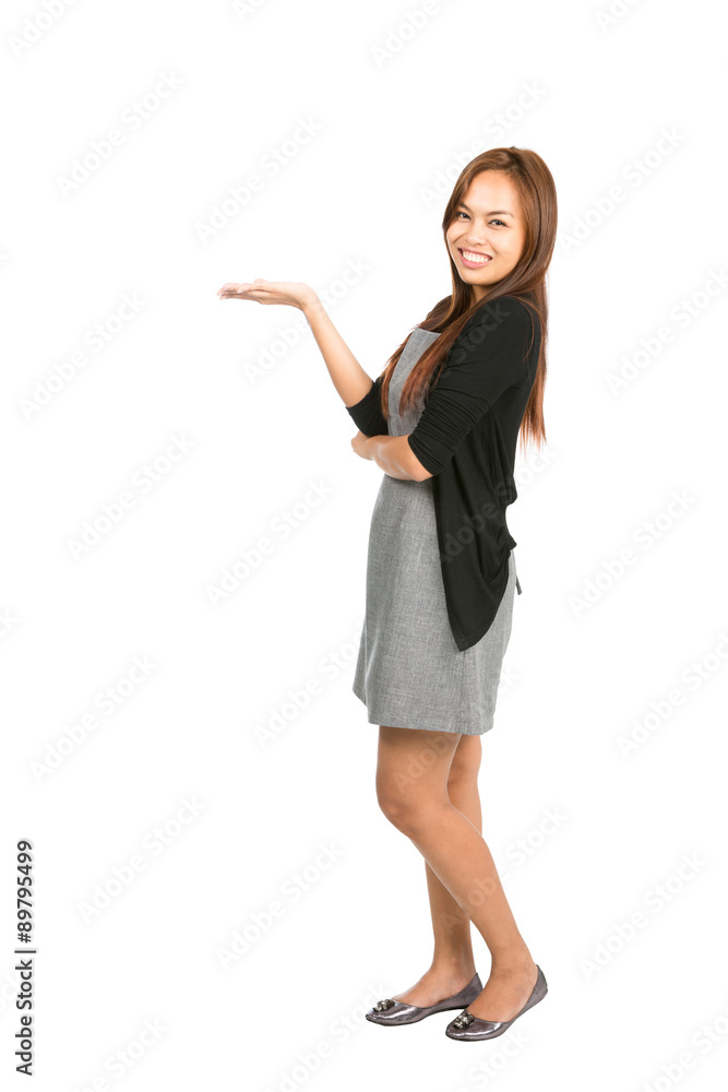 Side Asian Woman Displaying Hand Out Looking At Side Asian Woman Displaying Hand Out Looking At