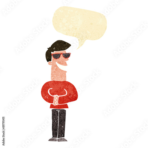 cartoon grinning man wearing sunglasses with speech bubble