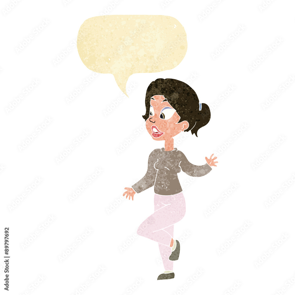 cartoon friendly woman waving with speech bubble cartoon friendly woman waving with speech bubble