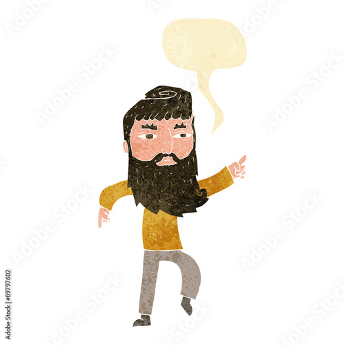 cartoon bearded man pointing the way with speech bubble