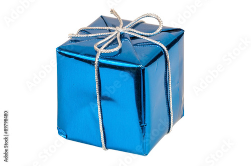 Blue gift box with silver ribbon © mkos83