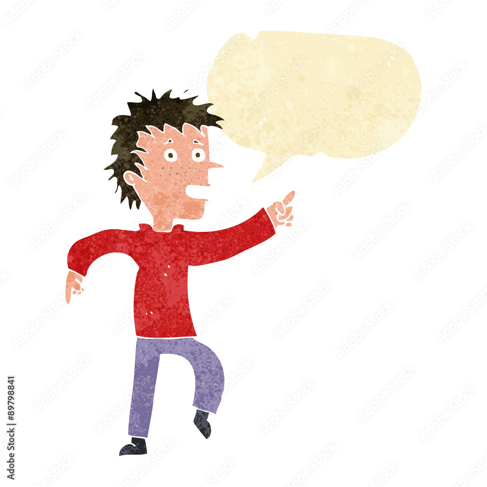 cartoon happy man pointing with speech bubble cartoon happy man pointing with speech bubble