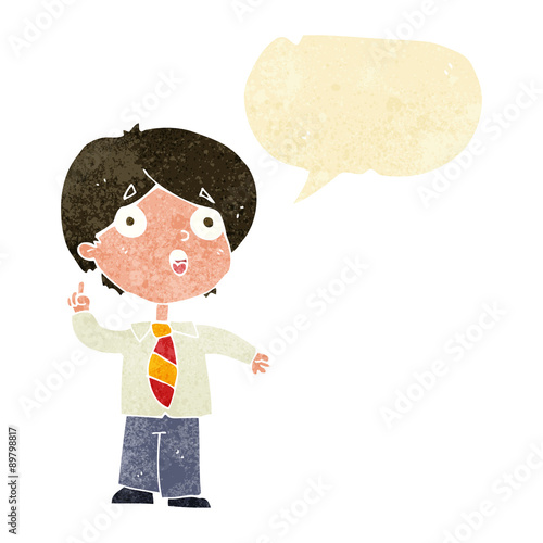 cartoon schoolboy answering question with speech bubble