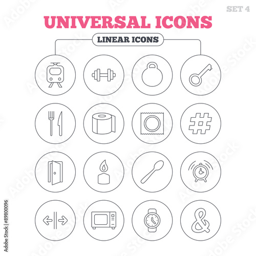 Universal icon. Fitness dumbbell, key and candle
