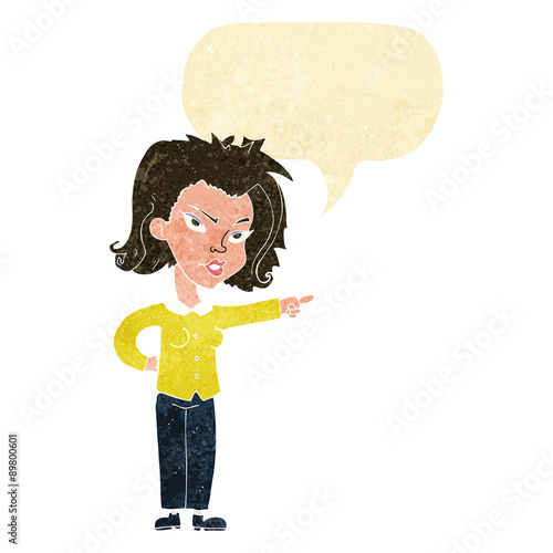 cartoon woman pointing with speech bubble