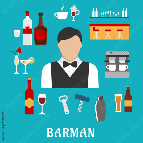 Barman and bartender flat icons