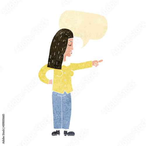 cartoon woman pointing with speech bubble