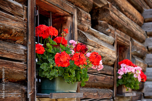 Beautiful flowers on old traditional farmhouse