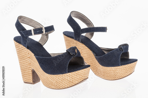 platform shoes made of cloth blue jean on white background