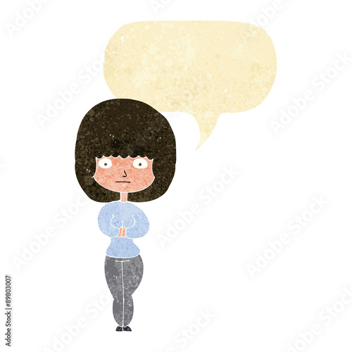 cartoon shy woman with speech bubble