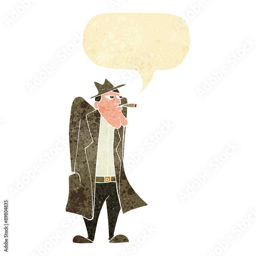 cartoon man in hat and trench coat with speech bubble